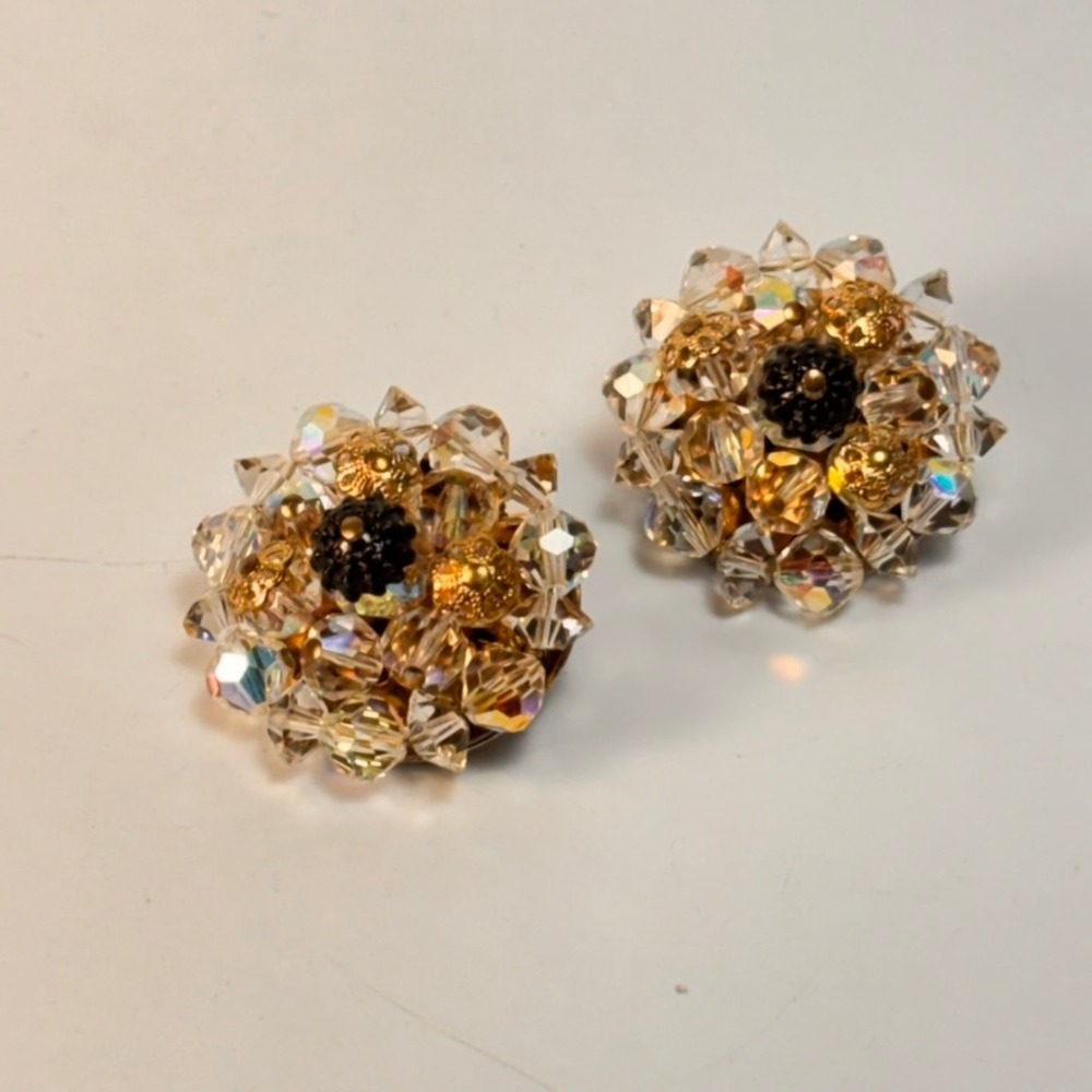 Vintage Cluster Clip On Earrings Gold Amber Crystal Statement Boho Chic